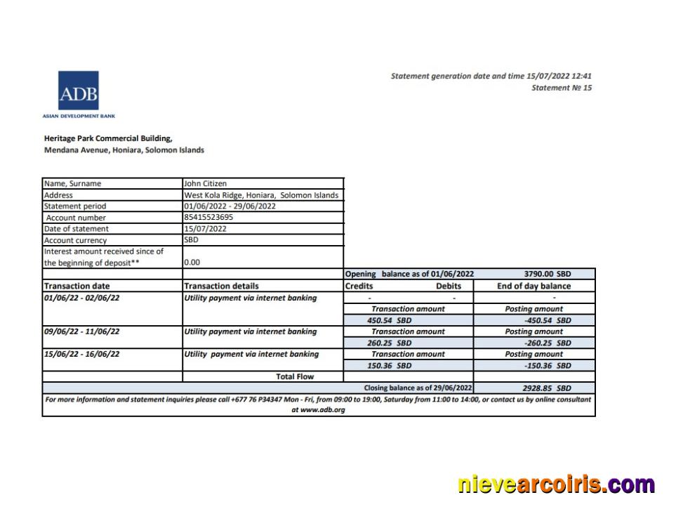 Solomon Islands ADB bank statement, Excel and PDF